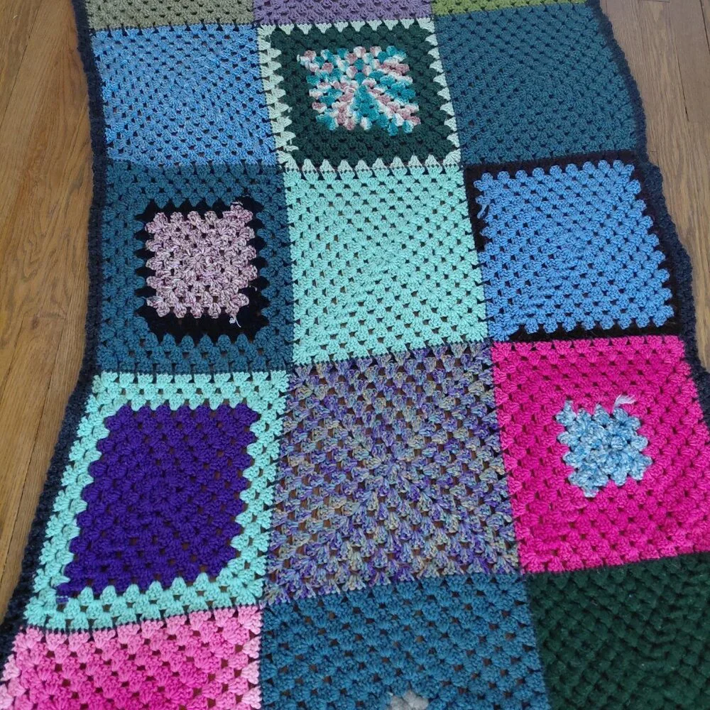 Vintage 70s Crochet Granny Square Panels Handmade Afghan Blanket Retro Boho
